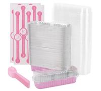 PINGEUI 100 mini teglie con coperchio e cucchiai, mini teglie rettangolari da 200 ml con coperchio, in alluminio con adesivo, per matrimoni, picnic o compleanni (argento rosa)