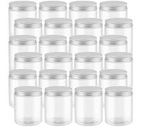 PINGEUI Confezione da 24 barattoli di plastica rotondi trasparenti da 250 ml con coperchi in alluminio, contenitori in plastica a bocca larga, senza BPA, spezie, caramelle, artigianato