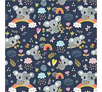 Pingianer, tessuto con motivo con koala, 100% cotone, per bambini, tessuto a metraggio, per fai-da-te (coniglio, luna, cuore, bianco), (koala, arcobaleno, blu scuro), 100 x 160 cm
