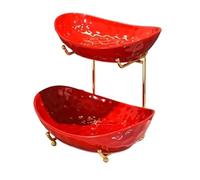 PINGSHI Boutique UK Fruttiera in ceramica multistrato, piatto da frutta con supporto in metallo, espositore for dessert, cestino rosso for a più livelli for, snack, noci(2-Tier)