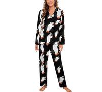 Pinguin - Set pigiama da donna a maniche lunghe, con colletto cubano, 2 pezzi, Stile 3, M
