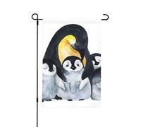 Pinguini imperatore con bambini nella neve, bandiera estiva da giardino bifacciale da esterno, 12x18 pollici