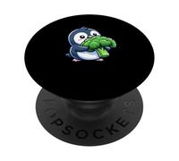 Pinguino divertente con Broccoli Vegan Cartoon PopSockets PopGrip Adesivo