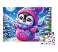 Pinguino Puzzle per Serata Giochi 1000 Pezzi per Adulti, Pinguino che Scii con Abbigliamento Invernale Rosa, Premium, Spesso, Robusto, Vivace, Sfidante, Difficile, Antistress 38x26cm/1000pz