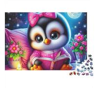 Pinguino Puzzle per Uomini e Donne 1000 Pezzi, Pinguino che Legge un Libro con Fiocco Rosa, Premium, Spesso, Robusto, Vivace, Sfidante, Difficile, Antistress, Regalo Familiare 38x26cm/1000pz