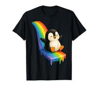 Pinguino Scorrevole Giù Arcobaleno Carino Kawaii Divertente Illustrazione Maglietta