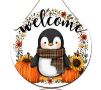 Pinguino segno di benvenuto per porta d'ingresso, autunno fantasioso zucca girasole autunno legno arancione Welcome to Our Home cartello porta d'ingresso decorazione esterna per portico e ingresso set