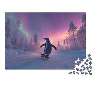 Pinguino Skateboarding on The Snow Track Under The Aurora boreale Jigsaw Puzzle 1000pcs (75x50cm) Adulti Puzzle Gioco EduGattoivo Decorazioni Per La Casa
