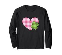 Pink Buffalo Plaid Heart for St. Paddys Day Green Shamrock Maglia a Manica