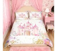 Pink Castle - Set copripiumino per letto matrimoniale, motivo floreale ad acquerello, per ragazze, principesse, decorazione per camera da letto, giardino delle fiabe, copripiumino floreale, in morbido