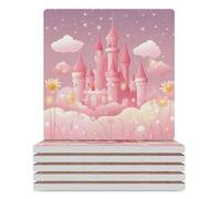 Pink Castle - Set di 6 sottobicchieri quadrati in ceramica con retro in sughero, resistenti al calore, resistenti al calore, per tazze e bicchieri
