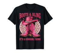 Pink Cowgirl Boots And Hat Bling Western Leopard Print Style Maglietta