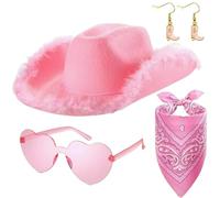 Pink Cowgirl Hat, Women Costume Set, Adult Western Role Play Hat, Plush Style with Bandana Earrings Glasses, Fun Festival Outfit for Girlfriend Wife Mother Partty Masquerade Look