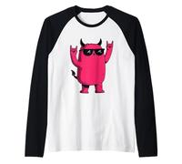 Pink Devil Demon Mascotte Double Rock Hand Sign Grafic Metal Maglia con Maniche Raglan