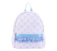 Pink Floral Bow Backpack with Double Ruffle Trim Large Capacity Striped | Widened Padded Straps Top Carry Handle Front Zip Pocket Side Pockets Lightweight