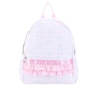 Pink Floral Bow Backpack with Double Ruffle Trim Large Capacity Striped | Widened Padded Straps Top Carry Handle Front Zip Pocket Side Pockets Lightweight