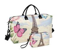 Pink Flowers Romantic Eiffel Tower Oversize Travel Duffel Bag Carry On Shoulder Weekend Tote Sport Palestra Tote Bag con Cinghia Regolabile per Trekking 2 Pezzi Set bulto de para Hombre