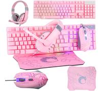 Pink Gaming Keyboard and Mouse Headset Headphones pad Wired LED RGB Backlight Bundle Pink PC Accessories for Gamers Xbox PS4 PS5 Nintendo Switch Users - 4in1 Edition Hornet RX-250