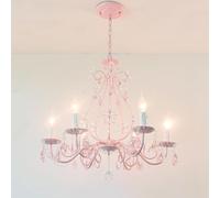 Pink Girls French Country Candle Chandelier Foyer Staircase Crystal Pendant Light Fixture Large Hanging Lamp for Nursery Bedroom Dining Room Kitchen Island