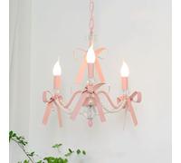 Pink Girls Princess Candle Chandelier Bow Pearl Decor Nordic Hanging Pendant Light Fixture Large Ceiling Lamp for Bedroom Nursery Room