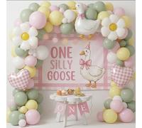 Pink Goose One Silly Goose decorazioni pastello giallo rosa verde palloncino ghirlanda con oca margherite palloncini, fiocco ragazzi ragazze oca vintage compleanno baby shower arco