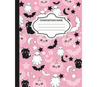 Pink Halloween Composition Notebook - 100 Pages: Cute Spooky Aesthetic Journal with Ghosts, Pumpkins, Black Cats & Bats | Wide Ruled School Supplies for Girls