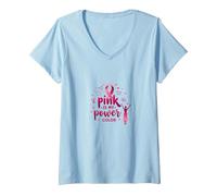Pink Is My Power - Supporto per la sensibilizzazione al Cancro al Seno Maglietta con Collo a V, Donna, Celeste, XL