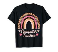Pink Leopard Computer Teacher Leopard Rainbow Back to School Maglietta