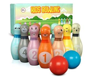 Pink Papaya Birilli Bowling per Bambini | Set da 12 Pezzi per Maschi e Femmine | Giochi in Legno Certificato FSC | Giocattoli da Interno ed Esterno | Giochi Educativi