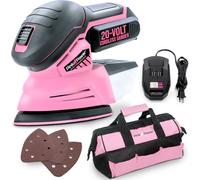 Pink Power - Levigatrice manuale elettrica senza fili per la lavorazione del legno, 20 V, per mobili in legno, mini levigatrice palmare con carta vetrata, batteria agli ioni di litio e caricabatterie,