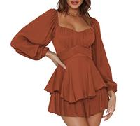 Pink Queen Mini abito da donna Boho Jumpsuit lanterna a maniche lunghe con volant, marrone, S