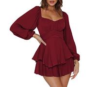 Pink Queen Mini abito da donna Boho Jumpsuit lanterna a maniche lunghe con volant, rubino, S
