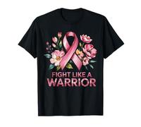 Pink Ribbon Warrior Quote Floral Support Breast Cancer Art Maglietta