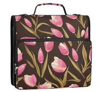 Pink Tulipa Green Leaves Flat Illustration Style 3,8 cm 3 anelli raccoglitore con cerniera con tracolla e manico, facile da trasportare con cerniera portfolio per la scuola