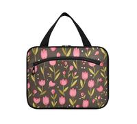 Pink Tulipa Green Leaves Flat Illustration Style appeso grande borsa da toilette da viaggio con gancio, borsa portatile di design per il trucco per gli elementi essenziali per le donne hotel estuche