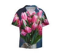 Pink Tulips - Camicia a maniche corte da uomo, casual, con bottoni, per vacanze, spiaggia, Nero, 3XL