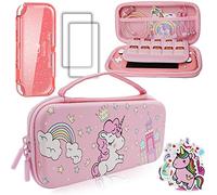 Pink Unicorn Carrying Case Compatible with Nintendo Switch Lite with Crystal Glitter Soft Protective Case Cover+Screen Protector+Stickers, Hard Storage Case Accessories Kit for Girls Birthday Gift