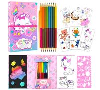 Pinkgarden Kit di Blocchetti da Colorare per Gatti per Ragazze, Libro da Colorare con Gatti con 30 Pagine da Colorare 10 Fogli da Grattare Arcobaleno 16 Matite Colorate per Disegnare e Dipingere, Kit