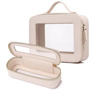 Pinkmik Beauty case trasparente con borsa per pennelli, borsa per cosmetici portatile, borsa da viaggio per articoli da toeletta essenziali per auto per donne (beige, L + sottile)