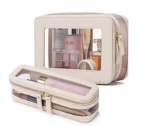 Pinkmik Borsa da viaggio trasparente per trucco con custodia per pennelli da toeletta approvata TSA, organizer per cosmetici impermeabile, essenziale per le donne, Beige, M+SLIM, Set trucco da viaggio