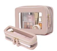 Pinkmik Borsa da viaggio trasparente per trucco con custodia per pennelli da toeletta approvata TSA, organizer per cosmetici impermeabile, essenziale per le donne, Rosa, M+SLIM, Set trucco da viaggio