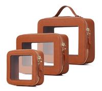 Pinkmik Borsa per il trucco trasparente custodia da viaggio impermeabile per cosmetici e articoli da toeletta borsa da donna organizer e borsa trasparente per auto con cerniera, X/Marrone, L+M+MINI,