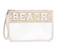 Pinkmik Pochette in ciniglia trasparente con cerniera per cosmetici da viaggio in paglia trasparente per articoli da toeletta e trucco da donna, Spiaggia, Custodia trasparente con cerniera