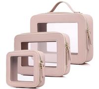 Pinkmik Set da viaggio trasparente per cosmetici e articoli da toeletta Borsa per pennelli da donna e borsa trasparente per auto con cerniera, D/Rosa, L+M+Mini, Set trucco da viaggio trasparente