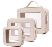 Pinkmik Set da viaggio trasparente per cosmetici e articoli da toeletta Borsa per pennelli da donna e borsa trasparente per auto con cerniera, D/Beige, L+M+Mini, Set trucco da viaggio trasparente