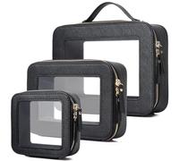 Pinkmik Set da viaggio trasparente per cosmetici e articoli da toeletta Borsa per pennelli da donna e borsa trasparente per auto con cerniera, D/Nero, L+M+Mini, Set trucco da viaggio trasparente