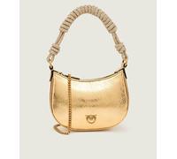 PINKO Half Moon Baby, Borsa Hobo in Pelle Laminata Oro, 19x13x4 cm, con Manico in Strass e Tracolla a Catena
