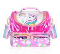 PinkSheep Borsa termica per il pranzo a due piani per bambini, grande, per ragazzi, ragazze, uomini, donne, con tracolla regolabile, unicorno (unicorno4)