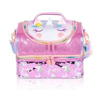 PinkSheep Borsa termica per il pranzo a due piani per bambini, grande, per ragazzi, ragazze, uomini, donne, con tracolla regolabile, unicorno (unicorno2)