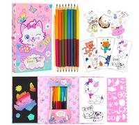 PinkSheep Kit di pastiglie da colorare per bambine, libro da colorare di gatti con 30 pagine da colorare/10 fogli da grattare arcobaleno/16 matite colorate per bambini che disegnano e dipingono